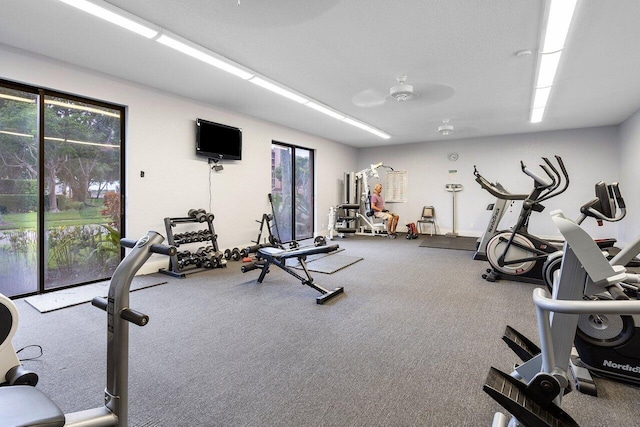 14721 Bonaire Blvd Unit 101, Delray Beach, FL 33446 - gym with healthy amount of natural light, carpet floors, and a ceiling fan