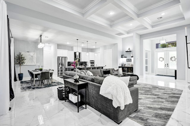 5476 NW Cambo Ct, Port Saint Lucie, FL 34986 - living room featuring light marble finish flooring, a high ceiling, beam ceiling, crown molding, and recessed lighting