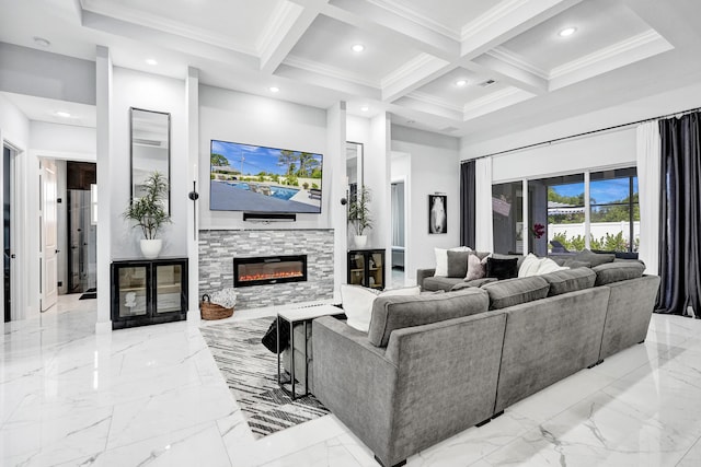 5476 NW Cambo Ct, Port Saint Lucie, FL 34986 - living area featuring a towering ceiling, beam ceiling, a glass covered fireplace, crown molding, and marble tiled floors