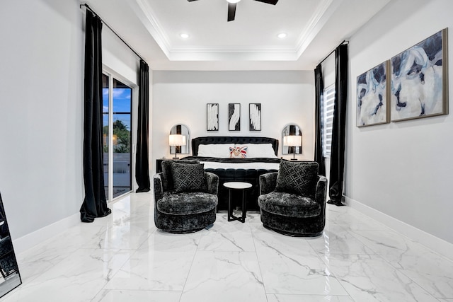 5476 NW Cambo Ct, Port Saint Lucie, FL 34986 - bedroom featuring a tray ceiling, crown molding, marble finish flooring, ceiling fan, and recessed lighting