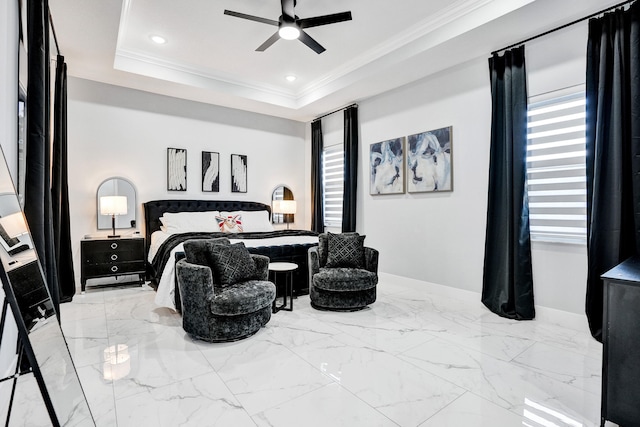 5476 NW Cambo Ct, Port Saint Lucie, FL 34986 - bedroom with ornamental molding, a tray ceiling, recessed lighting, light marble finish floors, and ceiling fan