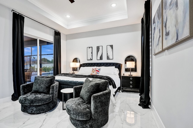 5476 NW Cambo Ct, Port Saint Lucie, FL 34986 - bedroom featuring crown molding, marble finish flooring, recessed lighting, a water view, and a raised ceiling
