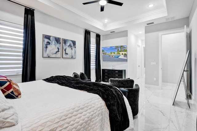 5476 NW Cambo Ct, Port Saint Lucie, FL 34986 - bedroom featuring a tray ceiling, crown molding, light marble finish flooring, recessed lighting, and ceiling fan