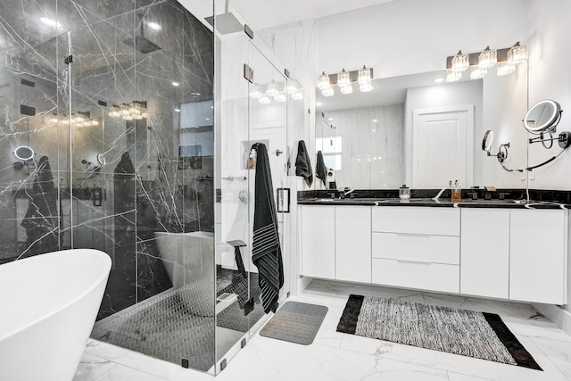 5476 NW Cambo Ct, Port Saint Lucie, FL 34986 - full bathroom with marble tiled flooring, a marble finish shower, double vanity, and a freestanding tub