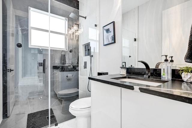 5476 NW Cambo Ct, Port Saint Lucie, FL 34986 - bathroom featuring vanity, a stall shower, and a chandelier