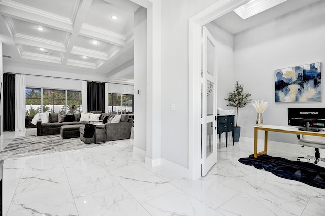 5476 NW Cambo Ct, Port Saint Lucie, FL 34986 - interior space featuring marble tiled flooring, beam ceiling, a desk, crown molding, and a towering ceiling
