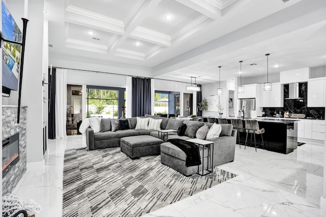 5476 NW Cambo Ct, Port Saint Lucie, FL 34986 - living area featuring coffered ceiling, beamed ceiling, a towering ceiling, crown molding, and recessed lighting
