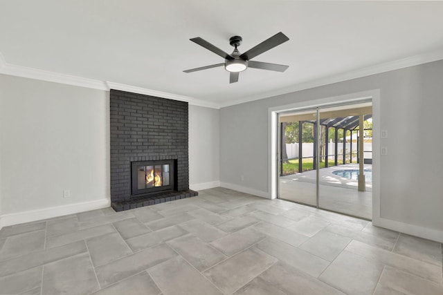 208 SW Langfield Ave, Port Saint Lucie, FL 34984 - unfurnished living room with a ceiling fan, ornamental molding, a fireplace, and light tile patterned floors
