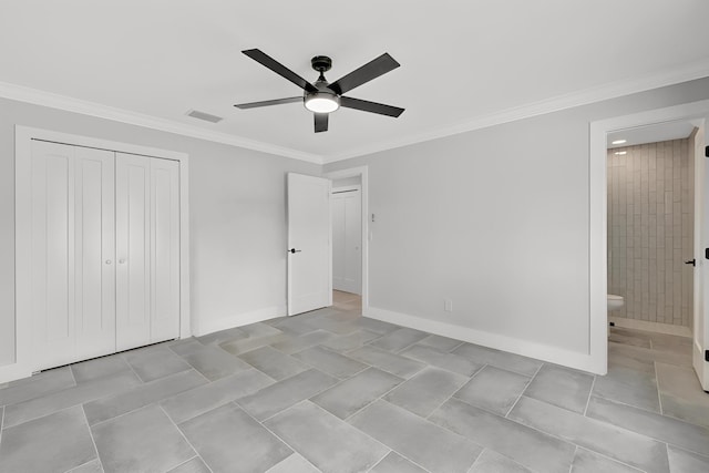 208 SW Langfield Ave, Port Saint Lucie, FL 34984 - unfurnished bedroom with crown molding, a closet, tile patterned floors, ceiling fan, and ensuite bath
