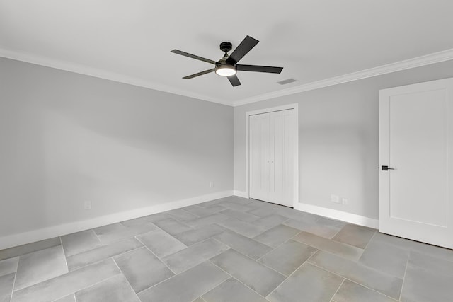 208 SW Langfield Ave, Port Saint Lucie, FL 34984 - unfurnished bedroom featuring ornamental molding, a closet, a ceiling fan, and tile patterned floors