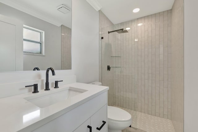 208 SW Langfield Ave, Port Saint Lucie, FL 34984 - full bath with vanity, a walk in shower, ornamental molding, and recessed lighting