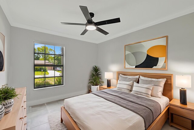 208 SW Langfield Ave, Port Saint Lucie, FL 34984 - bedroom with light tile patterned flooring, crown molding, and ceiling fan