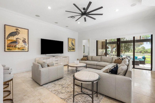 8984 Three Rail Dr, Boynton Beach, FL 33472 - living area featuring ornamental molding, a ceiling fan, recessed lighting, and light tile patterned flooring