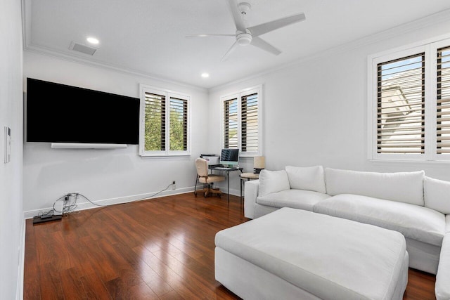 8984 Three Rail Dr, Boynton Beach, FL 33472 - living area featuring crown molding, a ceiling fan, wood finished floors, and recessed lighting