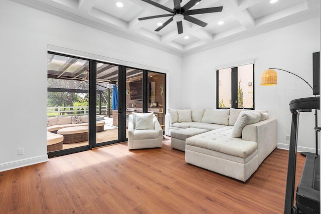 8984 Three Rail Dr, Boynton Beach, FL 33472 - living room with ceiling fan, coffered ceiling, beam ceiling, recessed lighting, and wood finished floors