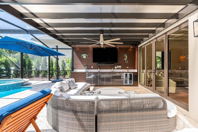 8984 Three Rail Dr, Boynton Beach, FL 33472 - view of patio / terrace featuring a jacuzzi, wine cooler, a ceiling fan, an outdoor hangout area, and french doors