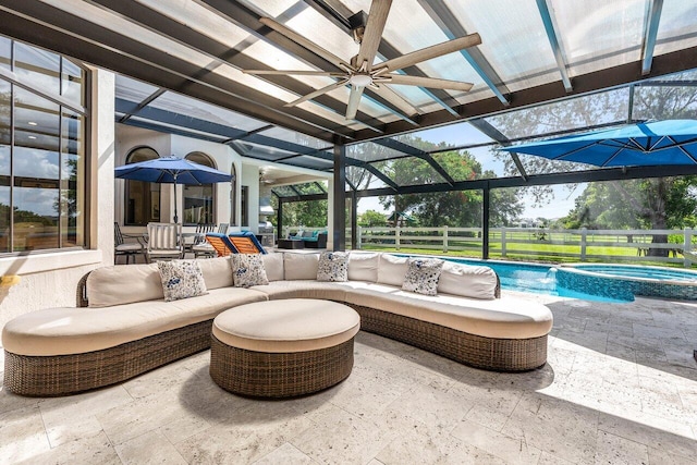 8984 Three Rail Dr, Boynton Beach, FL 33472 - view of patio featuring an outdoor hangout area, a lanai, a ceiling fan, and a pool with connected hot tub