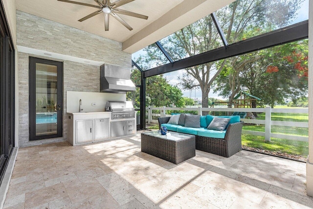 8984 Three Rail Dr, Boynton Beach, FL 33472 - view of patio with an outdoor kitchen, an outdoor living space, a ceiling fan, a lanai, and a playground