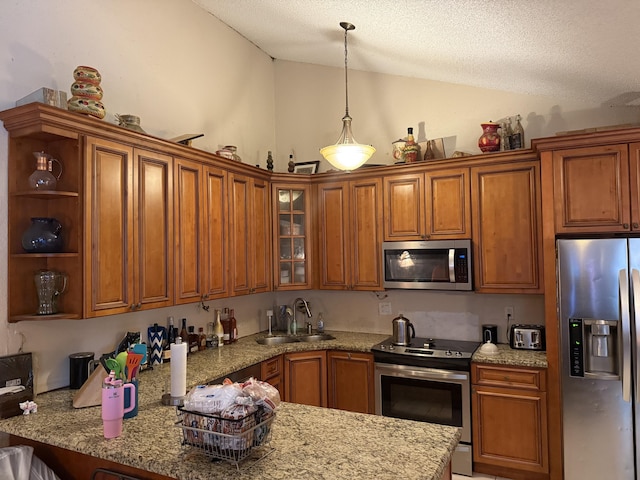 9828 Boca Gardens Trl Unit D, Boca Raton, FL 33496 - kitchen with appliances with stainless steel finishes, lofted ceiling, brown cabinets, a peninsula, and decorative light fixtures