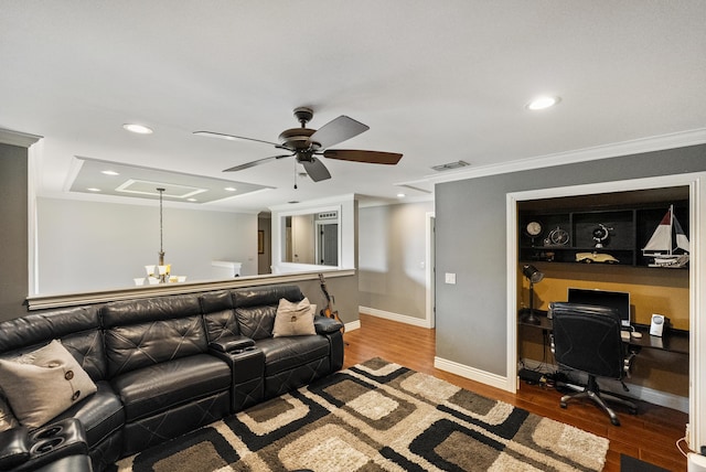 1571 SW Delos Ave, Port Saint Lucie, FL 34953 - living room featuring a desk, ornamental molding, recessed lighting, a ceiling fan, and wood finished floors