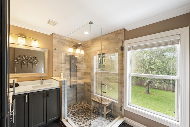 1571 SW Delos Ave, Port Saint Lucie, FL 34953 - bathroom with vanity, ornamental molding, and a stall shower