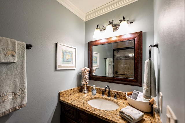 1571 SW Delos Ave, Port Saint Lucie, FL 34953 - bathroom with crown molding, vanity, and curtained shower