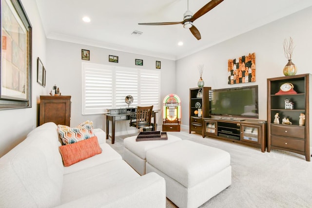10948 SW Ivory Springs Ln, Port Saint Lucie, FL 34987 - carpeted living area with ceiling fan, ornamental molding, and recessed lighting