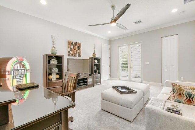 10948 SW Ivory Springs Ln, Port Saint Lucie, FL 34987 - office area featuring a ceiling fan, ornamental molding, recessed lighting, and light carpet