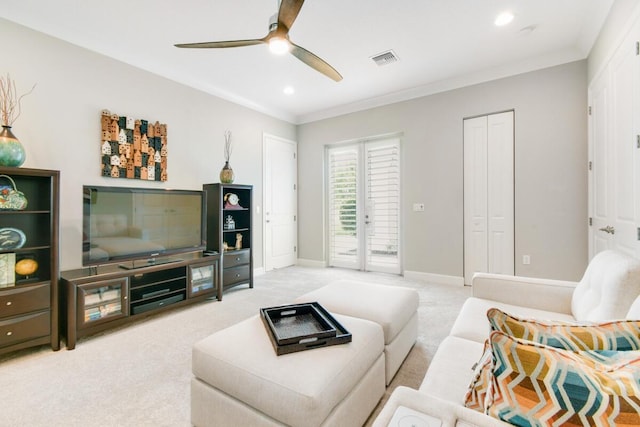 10948 SW Ivory Springs Ln, Port Saint Lucie, FL 34987 - living area featuring ceiling fan, carpet flooring, ornamental molding, and recessed lighting