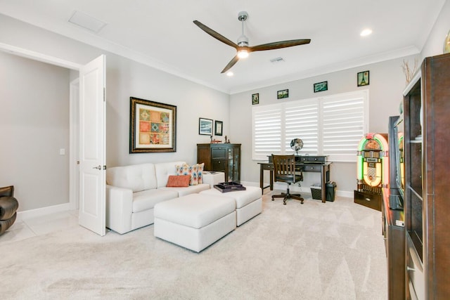 10948 SW Ivory Springs Ln, Port Saint Lucie, FL 34987 - living area with a ceiling fan, carpet, ornamental molding, recessed lighting, and an office area