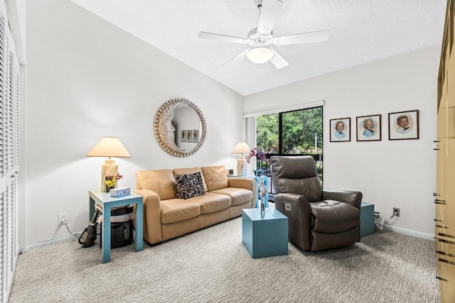 5020 Golfview Ct Unit 1422, Delray Beach, FL 33484 - carpeted living room featuring a textured ceiling, ceiling fan, and lofted ceiling