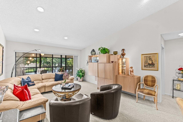 5020 Golfview Ct Unit 1422, Delray Beach, FL 33484 - living area featuring light colored carpet, a textured ceiling, recessed lighting, and lofted ceiling