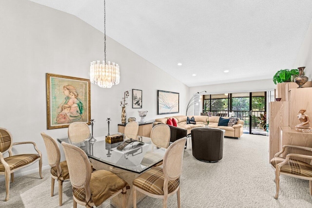 5020 Golfview Ct Unit 1422, Delray Beach, FL 33484 - carpeted dining area featuring a chandelier, high vaulted ceiling, and recessed lighting
