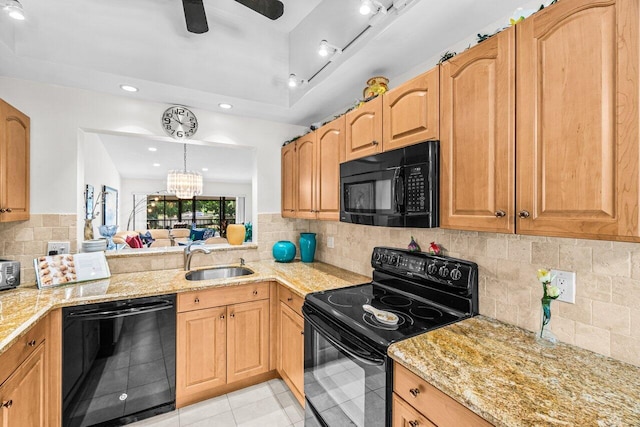 5020 Golfview Ct Unit 1422, Delray Beach, FL 33484 - kitchen with black appliances, decorative backsplash, light stone counters, light tile patterned floors, and a ceiling fan
