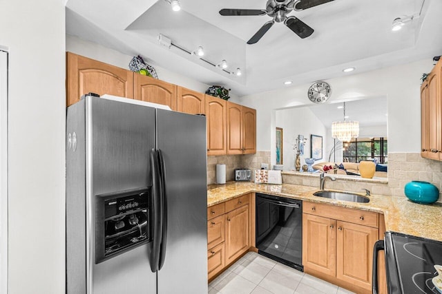 5020 Golfview Ct Unit 1422, Delray Beach, FL 33484 - kitchen with black appliances, a raised ceiling, light tile patterned floors, decorative backsplash, and a ceiling fan