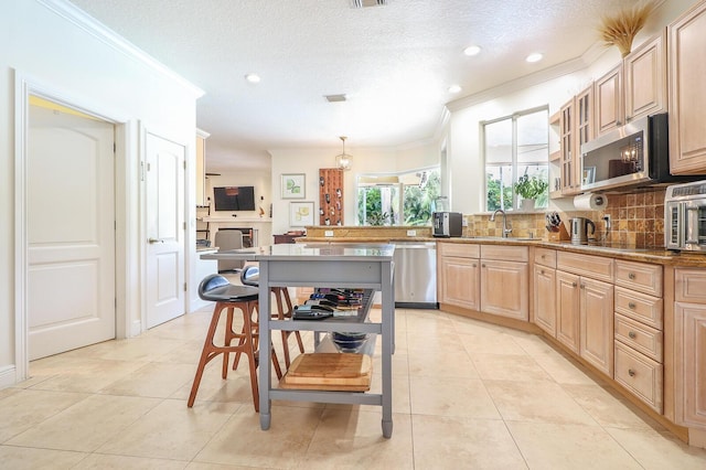 15687 83rd Way N, Palm Beach Gardens, FL 33418 - kitchen featuring crown molding, stainless steel appliances, light brown cabinets, tasteful backsplash, and recessed lighting