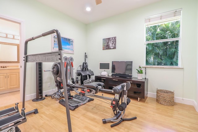 15687 83rd Way N, Palm Beach Gardens, FL 33418 - workout area with wood finished floors, recessed lighting, and a ceiling fan