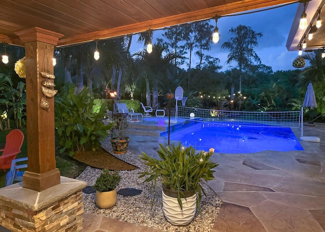 15687 83rd Way N, Palm Beach Gardens, FL 33418 - pool at night with a patio area and an in-ground hot tub