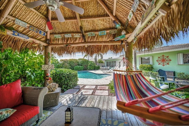 1501 SE 14th St, Deerfield Beach, FL 33441 - outdoor pool with a gazebo, ceiling fan, and a wooden deck