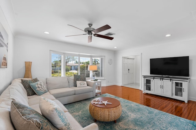 1501 SE 14th St, Deerfield Beach, FL 33441 - living area featuring wood finished floors, a ceiling fan, recessed lighting, and crown molding