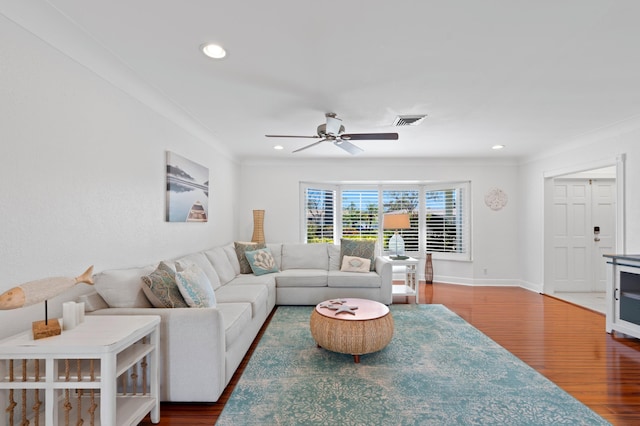 1501 SE 14th St, Deerfield Beach, FL 33441 - living area with wood finished floors, ceiling fan, ornamental molding, and recessed lighting