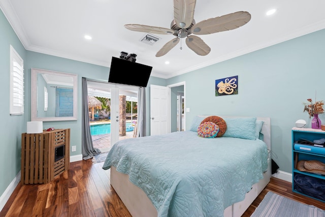 1098 SW 2nd St, Boca Raton, FL 33486 - bedroom with access to exterior, wood finished floors, ornamental molding, french doors, and recessed lighting