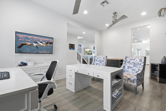 13313 Machiavelli Way, Palm Beach Gardens, FL 33418 - office featuring a ceiling fan, light wood finished floors, and recessed lighting