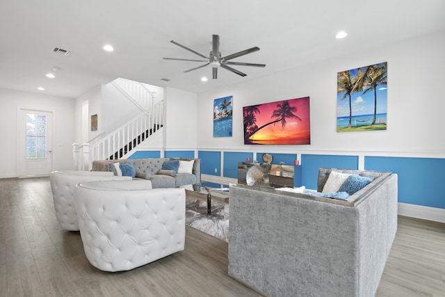 13313 Machiavelli Way, Palm Beach Gardens, FL 33418 - living room featuring wood finished floors, stairway, recessed lighting, and a ceiling fan