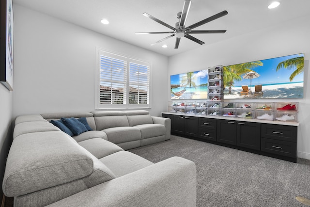 13313 Machiavelli Way, Palm Beach Gardens, FL 33418 - living room with light carpet, a ceiling fan, and recessed lighting