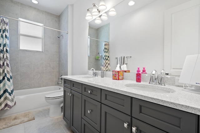 13313 Machiavelli Way, Palm Beach Gardens, FL 33418 - full bath with double vanity, shower / tub combo with curtain, tile patterned flooring, and recessed lighting