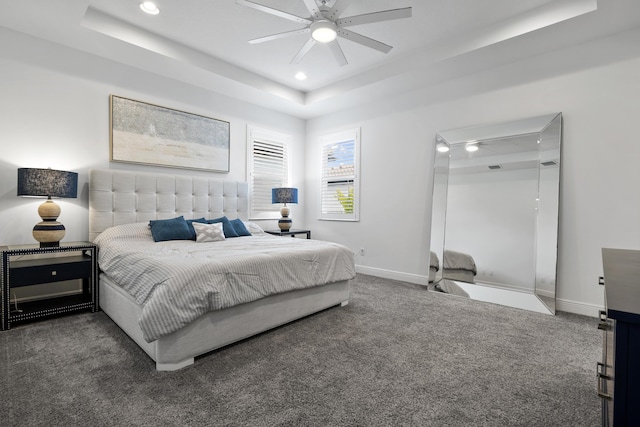 13313 Machiavelli Way, Palm Beach Gardens, FL 33418 - bedroom with a raised ceiling, carpet flooring, recessed lighting, and ceiling fan