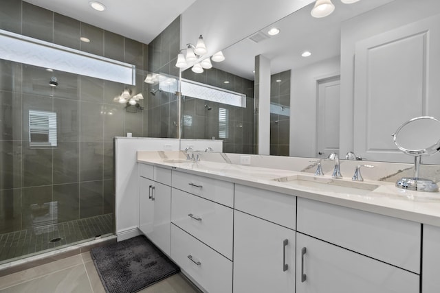 13313 Machiavelli Way, Palm Beach Gardens, FL 33418 - full bath featuring double vanity, a stall shower, tile patterned flooring, and recessed lighting