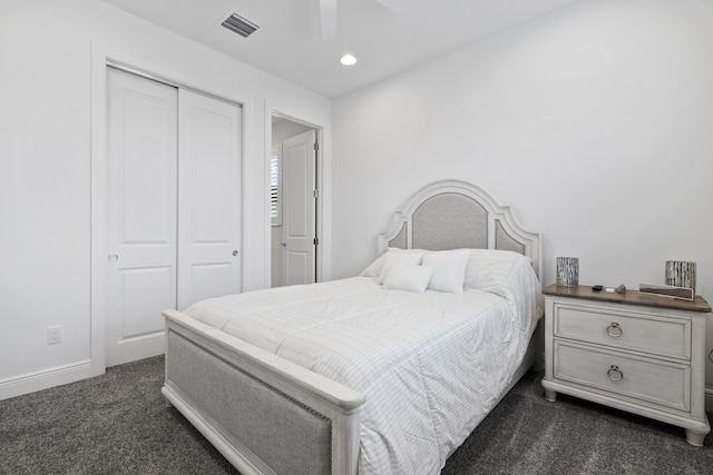 13313 Machiavelli Way, Palm Beach Gardens, FL 33418 - bedroom featuring dark colored carpet, a closet, recessed lighting, and a ceiling fan