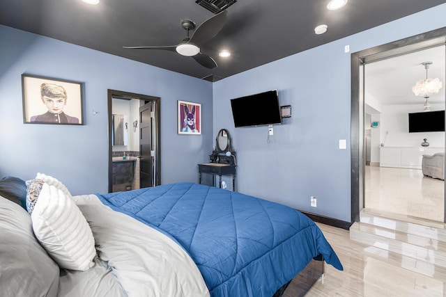 301 Linda Ln, West Palm Beach, FL 33405 - bedroom featuring ceiling fan, connected bathroom, recessed lighting, and light wood-style flooring